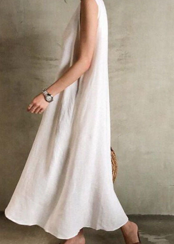 White O Neck Patchwork Cotton Maxi Dress Sleeveless
