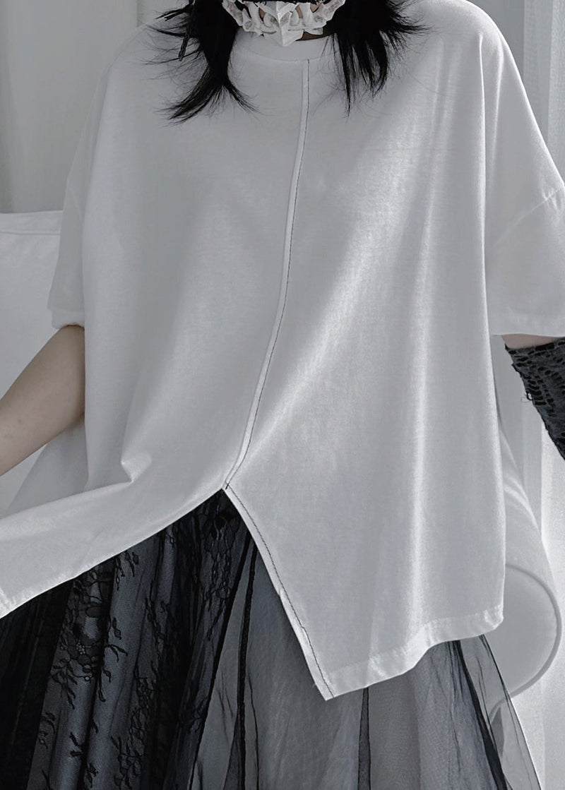 White O-neck Patchwork Cotton Tops Summer