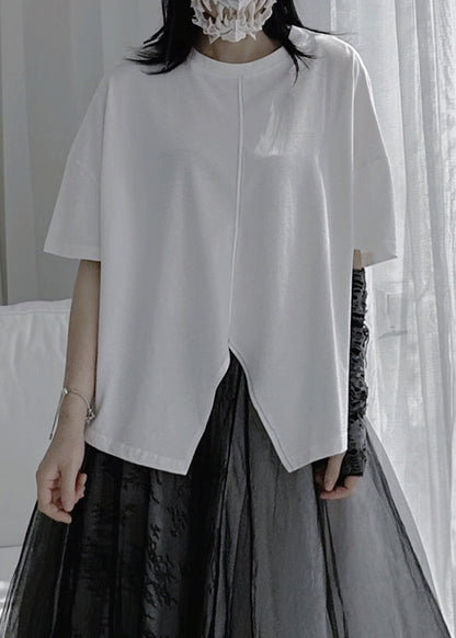 White O-neck Patchwork Cotton Tops Summer