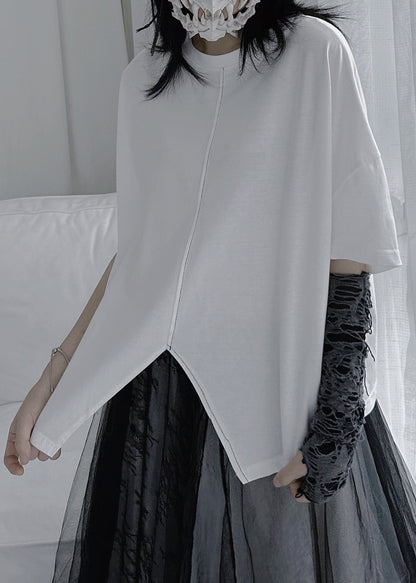 White O-neck Patchwork Cotton Tops Summer