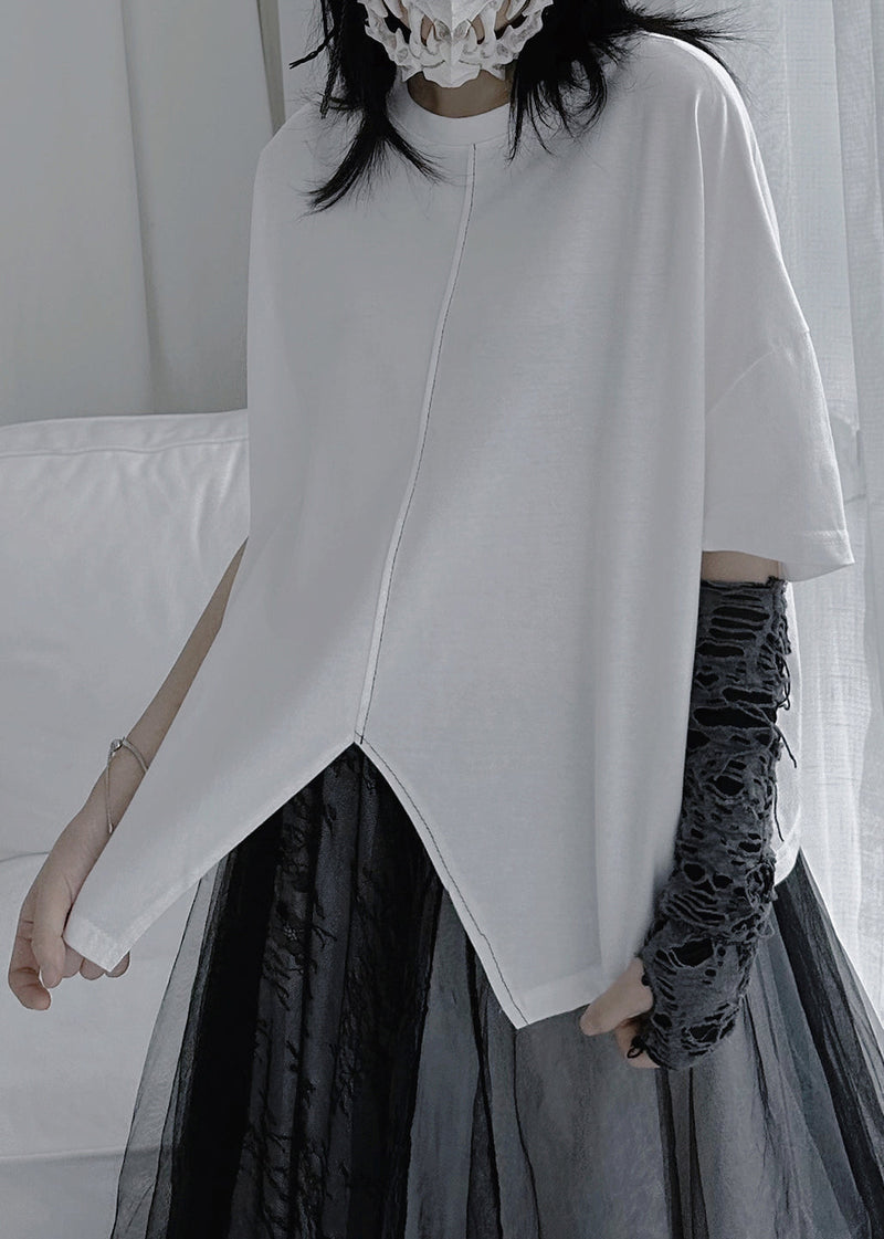 White O-neck Patchwork Cotton Tops Summer