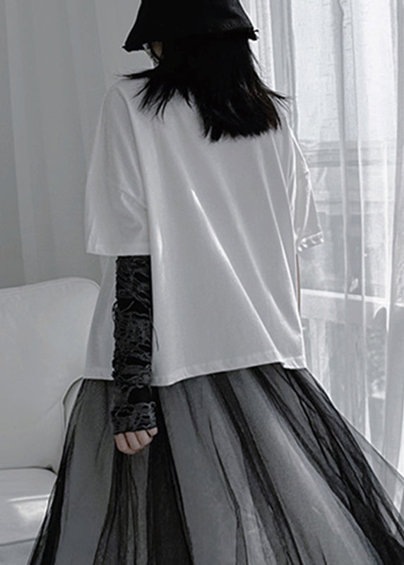 White O-neck Patchwork Cotton Tops Summer
