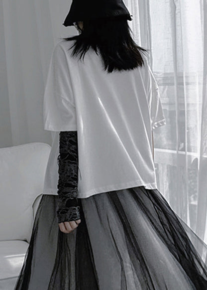 White O-neck Patchwork Cotton Tops Summer