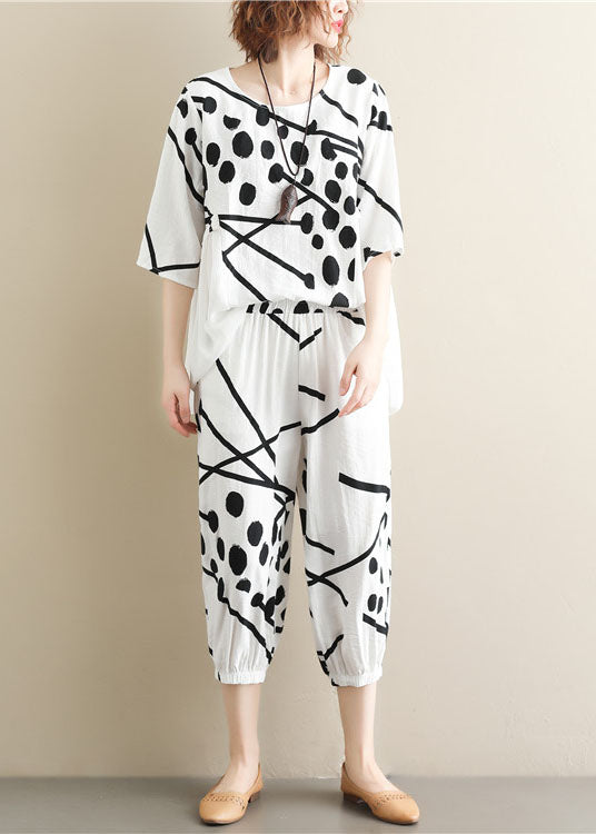 White O-neck Patchwork Tops and Pants Cotton Two Pieces Set Summer