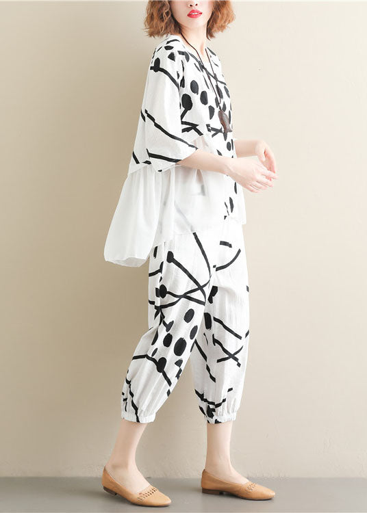 White O-neck Patchwork Tops and Pants Cotton Two Pieces Set Summer