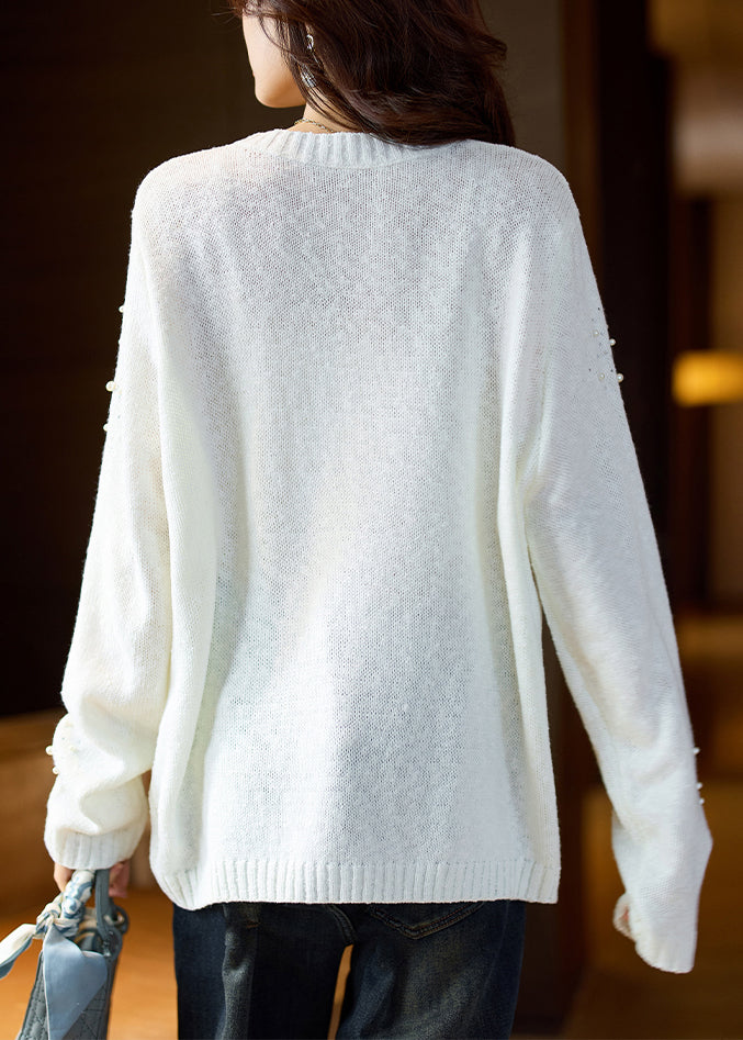 White O Neck Pearl Zircon Knit Sweater Spring