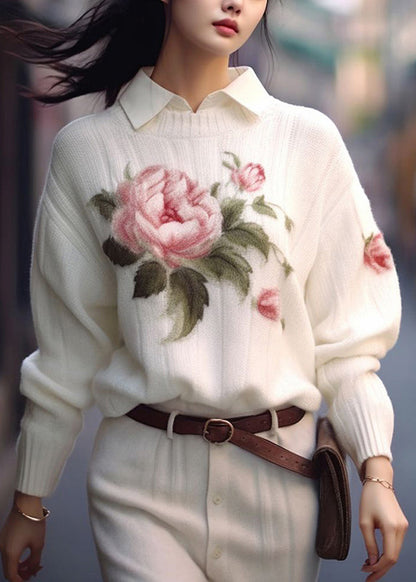 White O Neck Print Cozy Knit Sweaters Fall