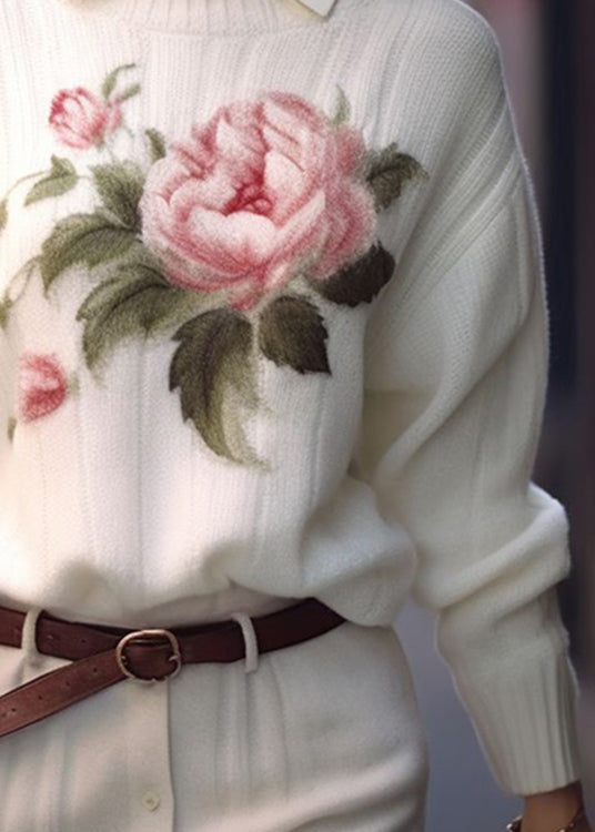White O Neck Print Cozy Knit Sweaters Fall