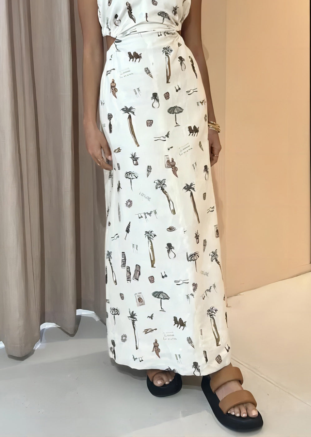 White O-neck Print Elastic Waist Linen Dress Sleeveless