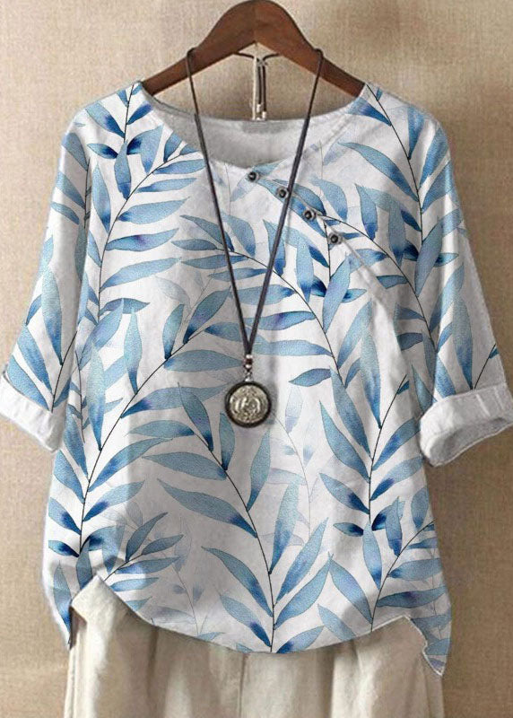 White O Neck Print Patchwork Linen T Shirts Summer