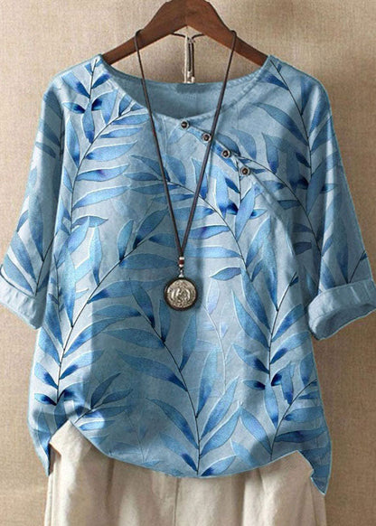 White O Neck Print Patchwork Linen T Shirts Summer
