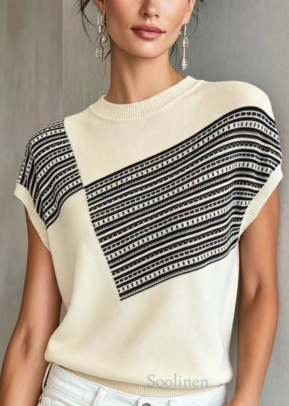 White O Neck Print Thin Knit Blouse Tops Summer