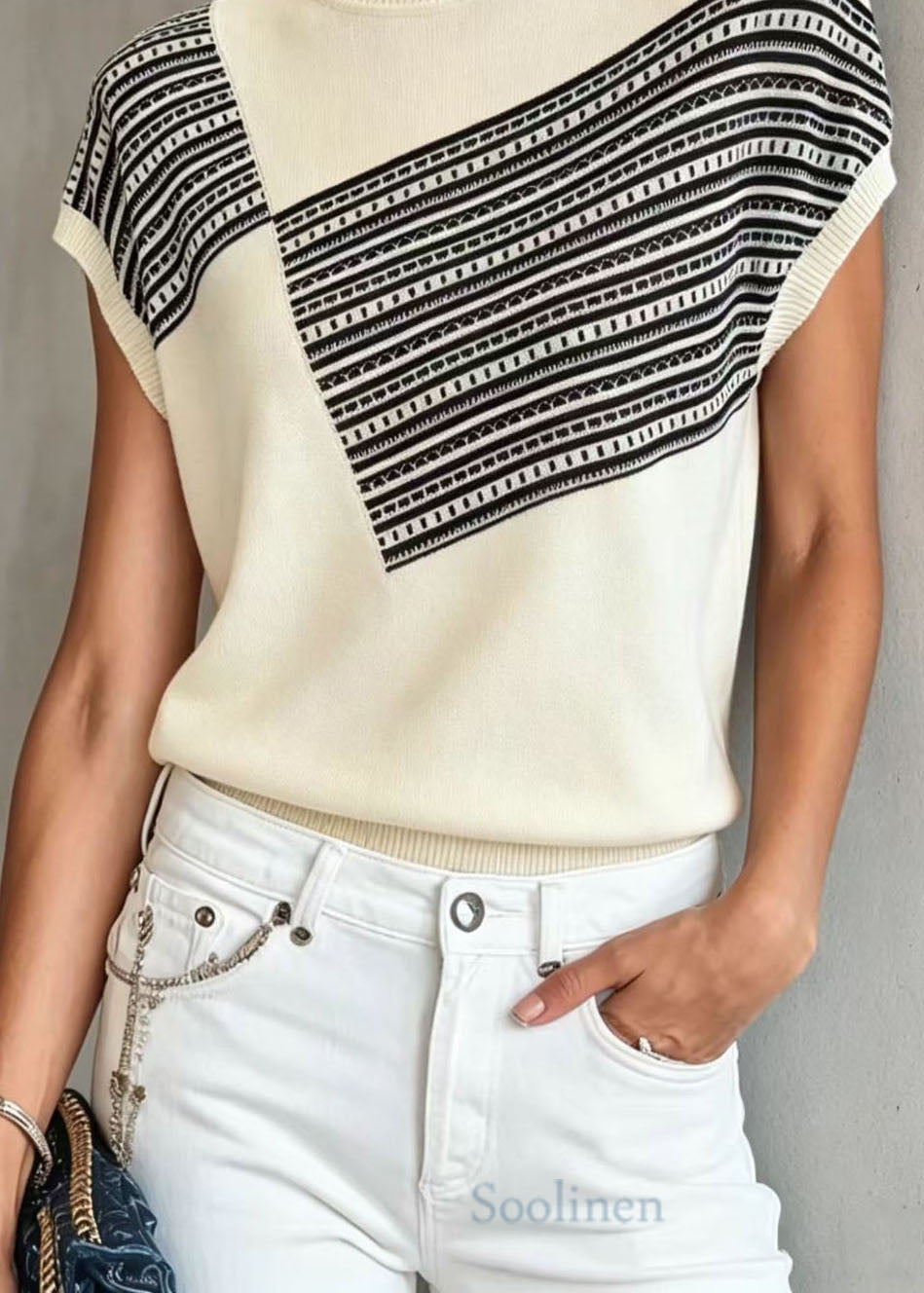 White O Neck Print Thin Knit Blouse Tops Summer