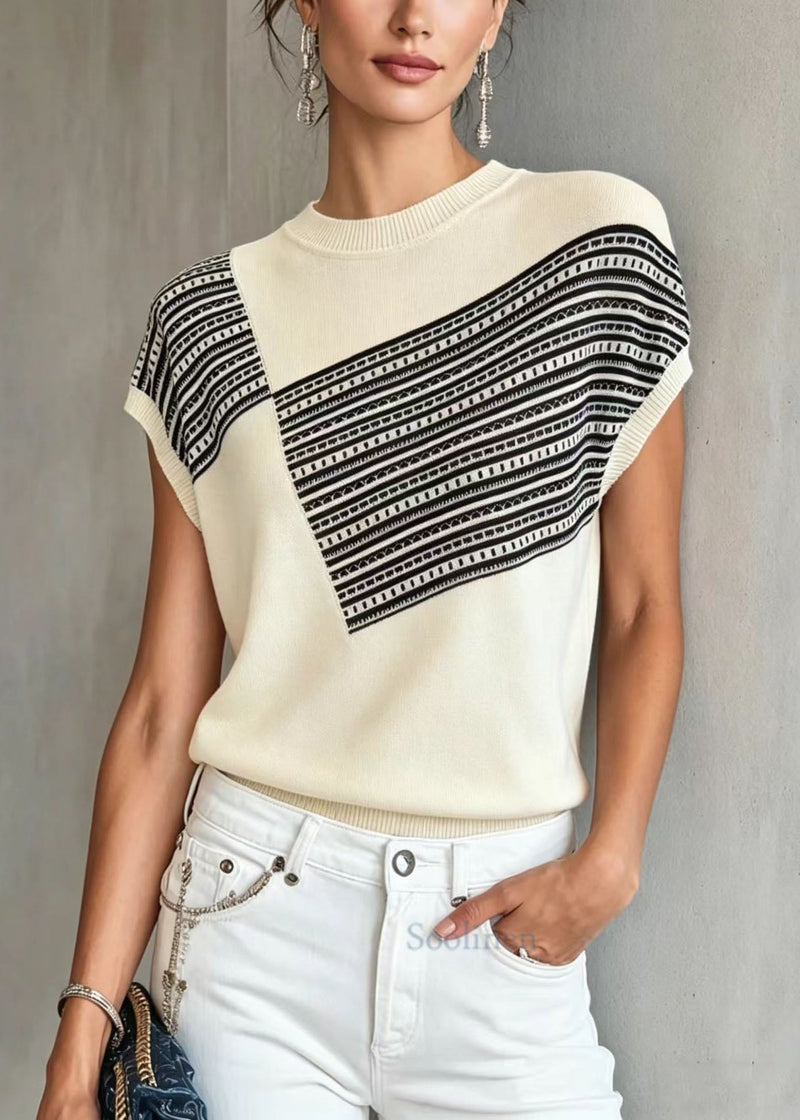 White O Neck Print Thin Knit Blouse Tops Summer