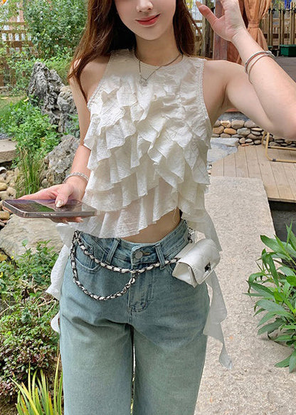 White O-neck Ruffled Cotton Tops Sleeveless