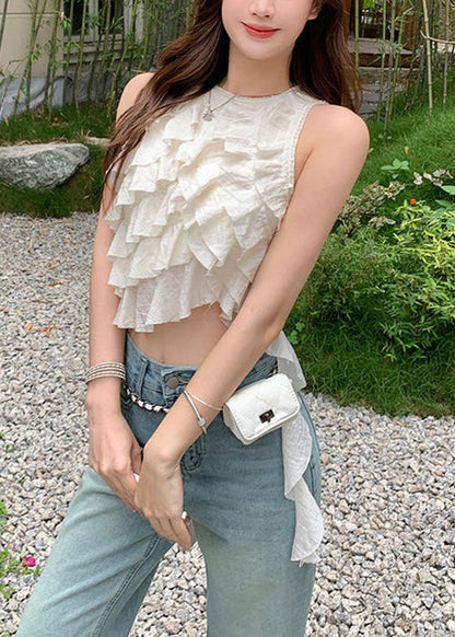 White O-neck Ruffled Cotton Tops Sleeveless