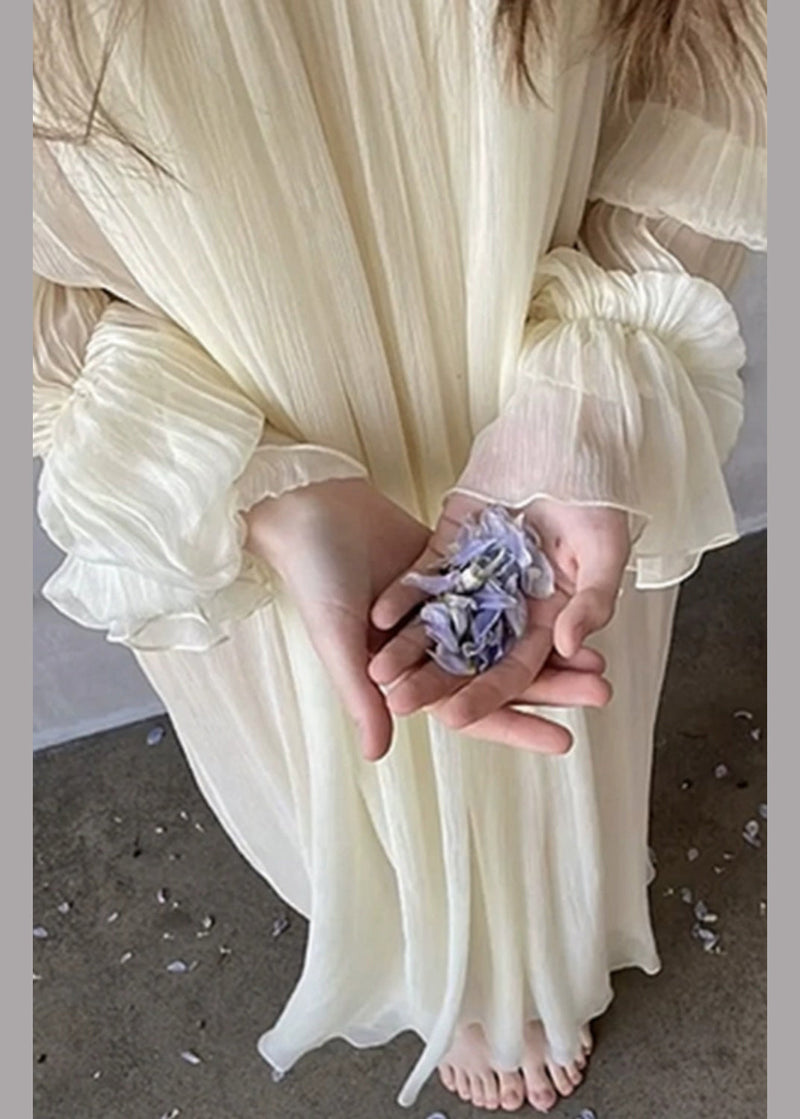 White O-neck Chiffon Dress Petal Sleeve