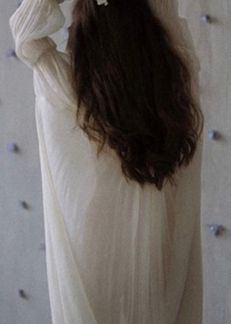 White O-neck Chiffon Dress Petal Sleeve