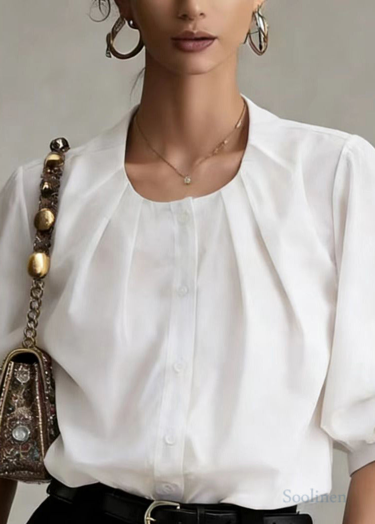 White O-neck Wrinkled Cotton Blouses Lantern Sleeve