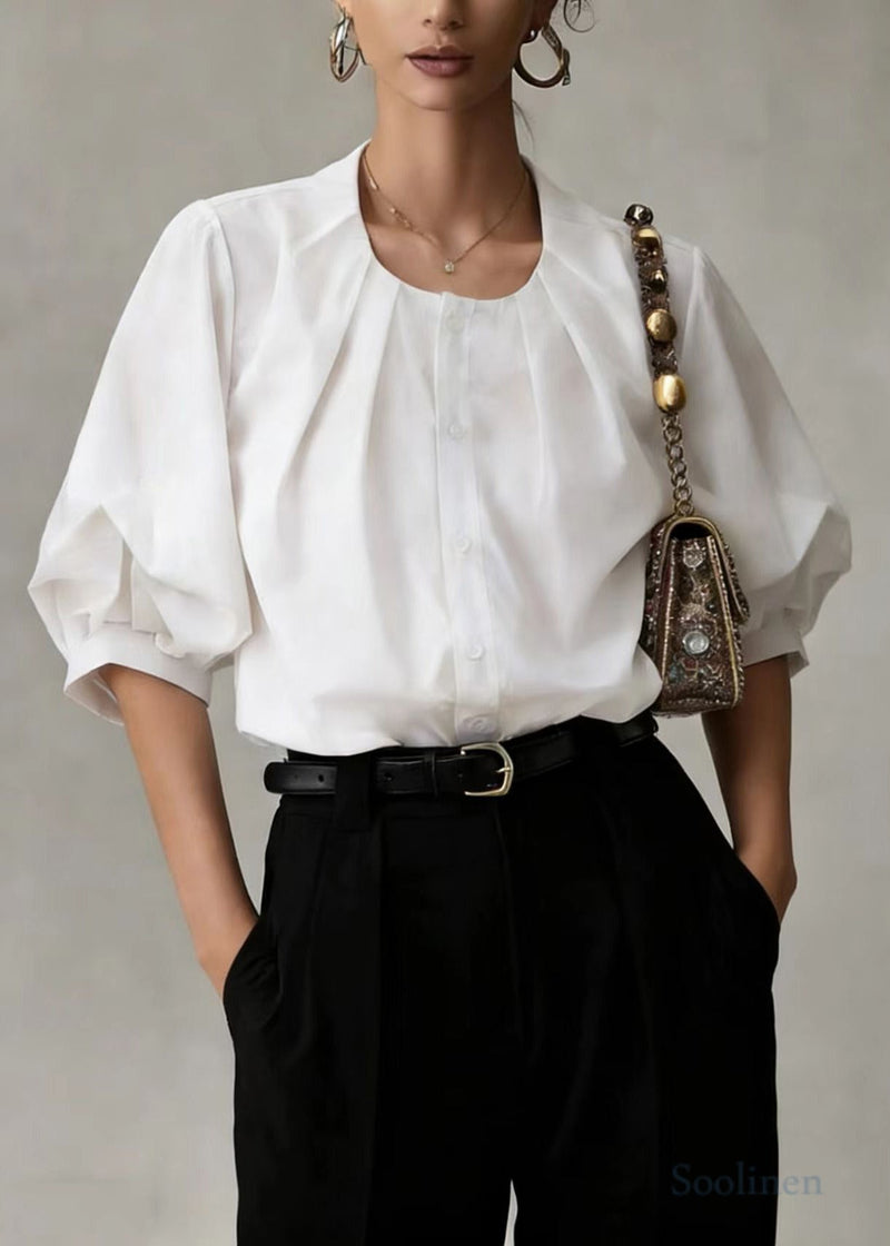 White O-neck Wrinkled Cotton Blouses Lantern Sleeve