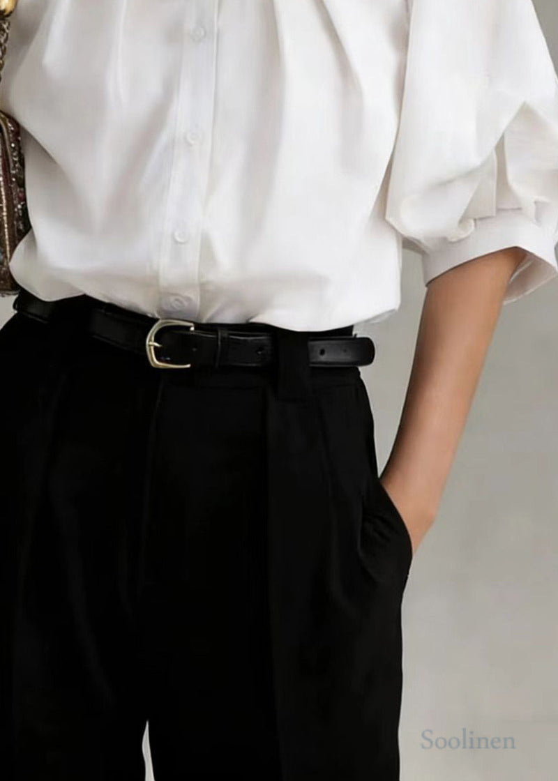 White O-neck Wrinkled Cotton Blouses Lantern Sleeve