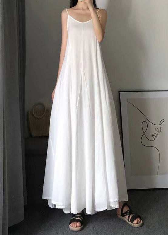 White O Neck Wrinkled Patchwork Cotton Spaghetti Strap Dress Summer