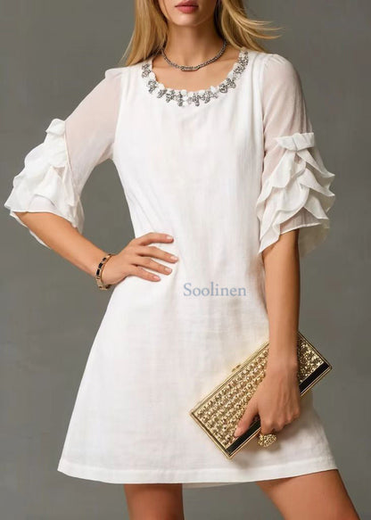 White O-neck Zircon Cotton Day Dress Petal Sleeve