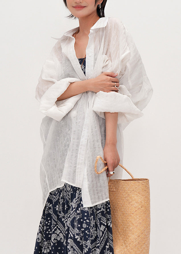 White Oversized Cotton Upf 50+ Shirt Summer