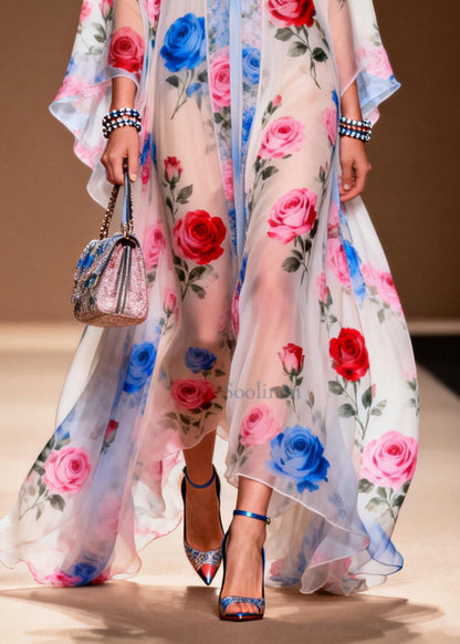 White Oversized Print Chiffon Vacation Dresses Summer