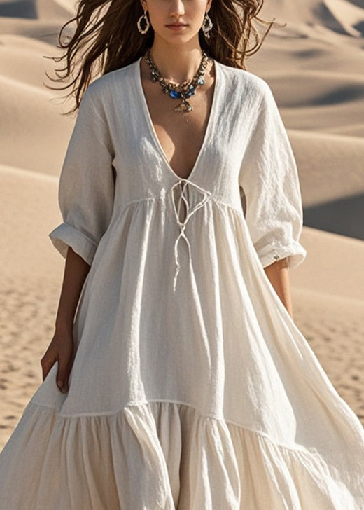 White Oversized Lace Up Cotton Robe Dresses Spring