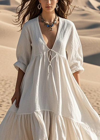 White Oversized Lace Up Cotton Robe Dresses Spring