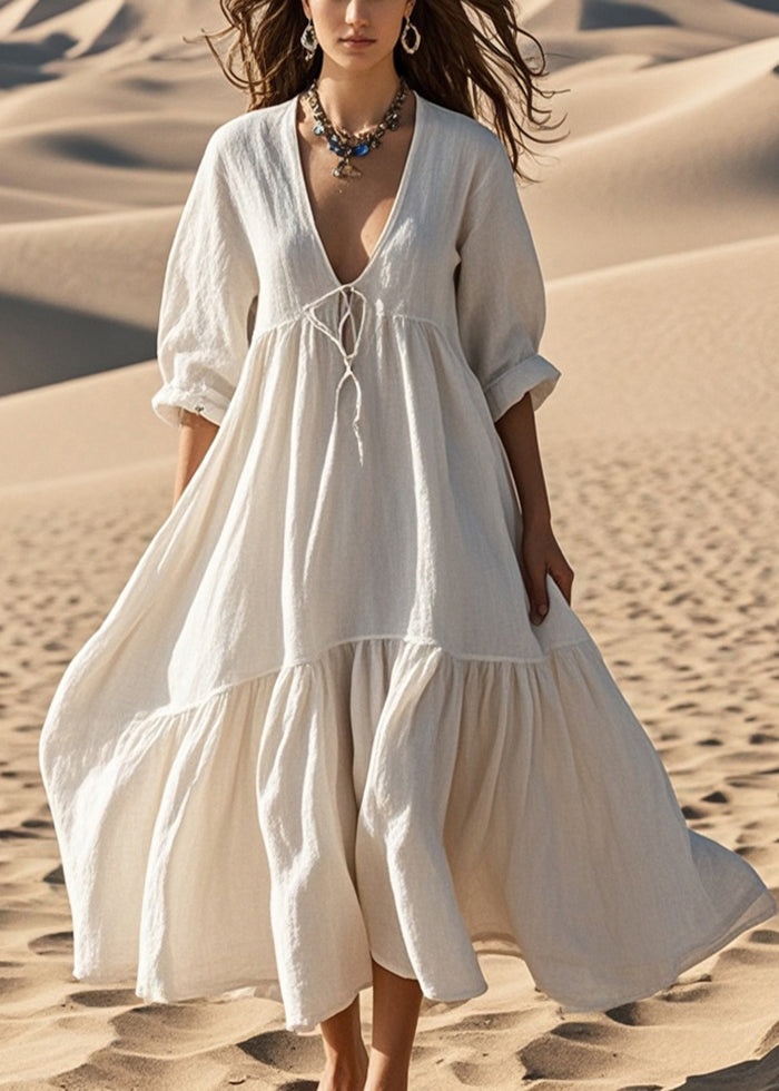 White Oversized Lace Up Cotton Robe Dresses Spring