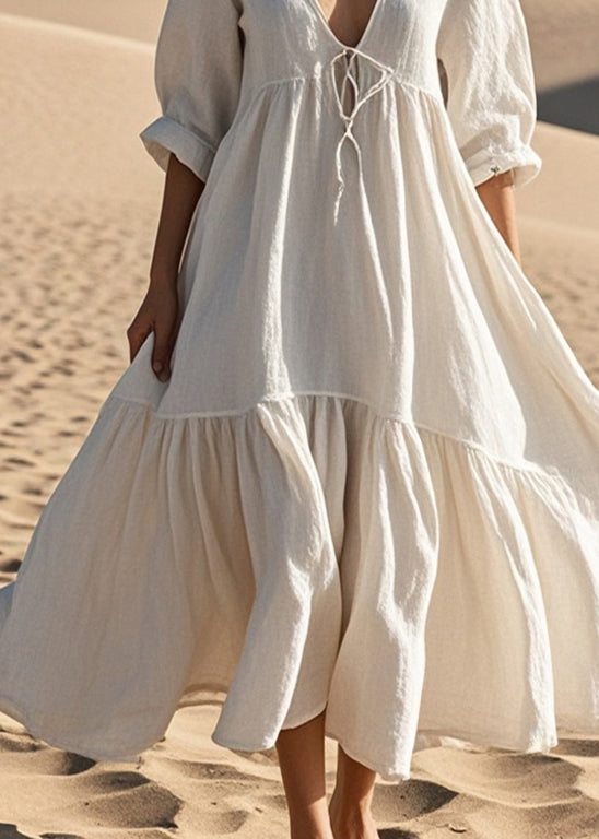 White Oversized Lace Up Cotton Robe Dresses Spring