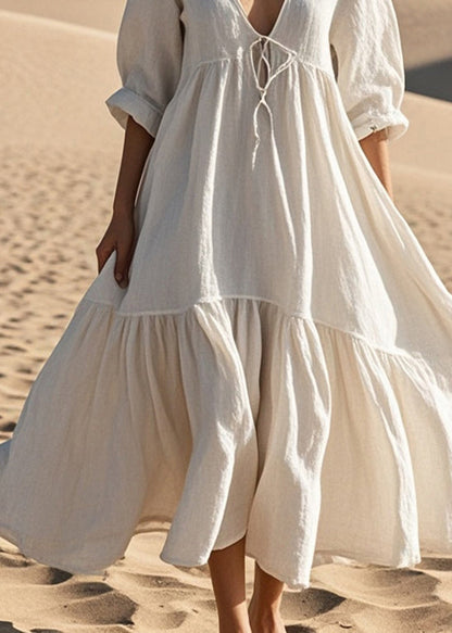White Oversized Lace Up Cotton Robe Dresses Spring