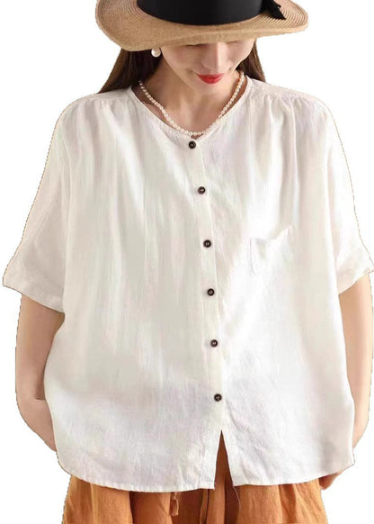 White Oversized Linen Shirt Tops Half Sleeve