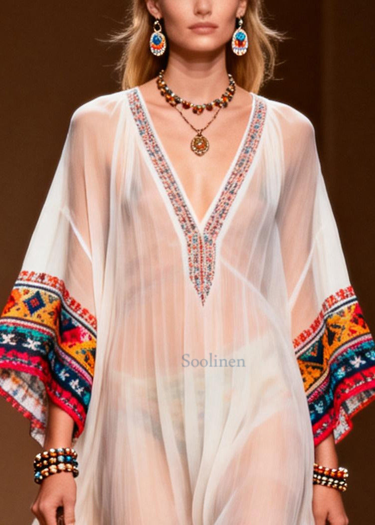 White Oversized Print Chiffon Maxi Dresses Summer