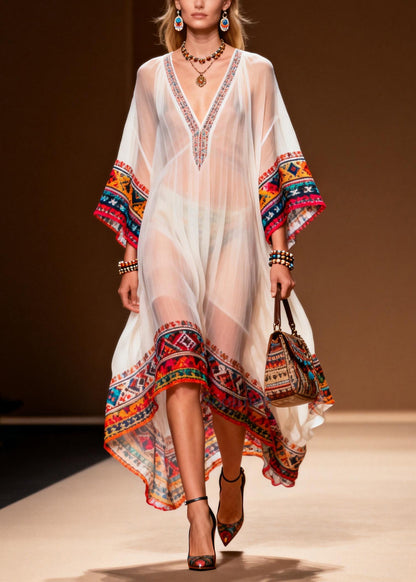 White Oversized Print Chiffon Maxi Dresses Summer