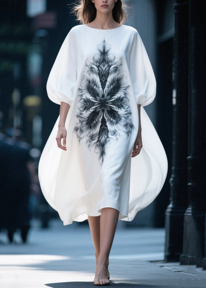 White Oversized Print Chiffon Vacation Dresses Puff Sleeve