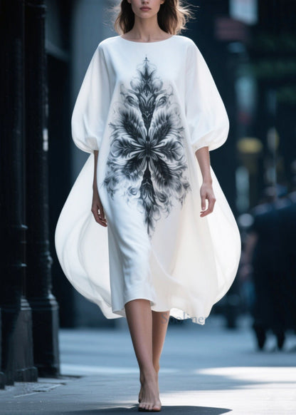White Oversized Print Chiffon Vacation Dresses Puff Sleeve
