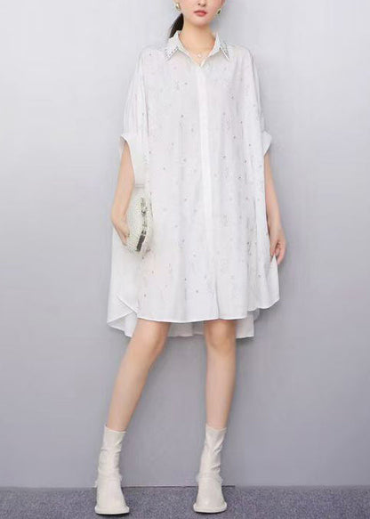 White Oversized Rhinestone Cotton Shirt Dress Summer