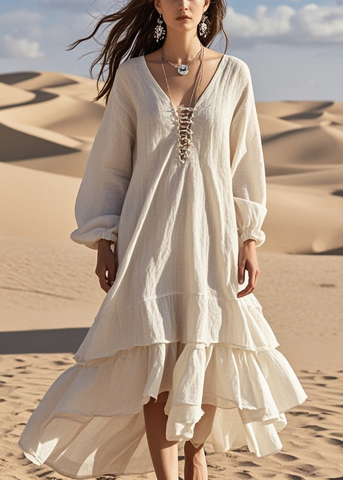 White Oversized Ruffles Cotton Long Dress Spring