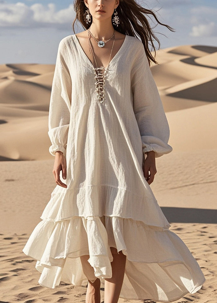 White Oversized Ruffles Cotton Long Dress Spring
