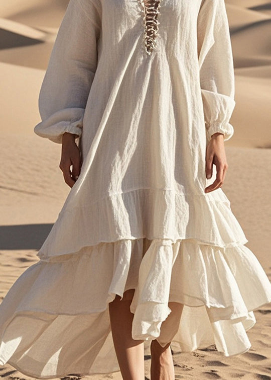 White Oversized Ruffles Cotton Long Dress Spring