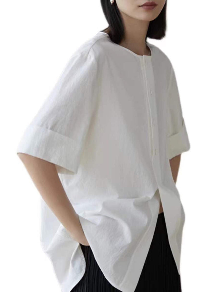 White Oversized Side Open Cotton Shirt Tops Half Sleeve