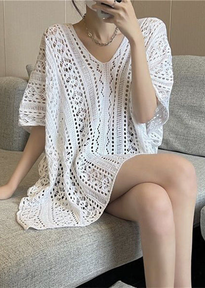 White Oversized Side Open Hollow Out Knit Long Smock Summer