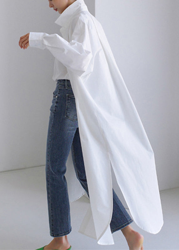 White Peter Pan Collar Asymmetrical Cotton Shirts Long Sleeve
