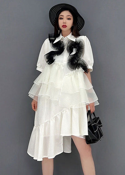 White Peter Pan Collar Asymmetrical Design Ruffles Patchwork Tulle Maxi Dresses Short Sleeve