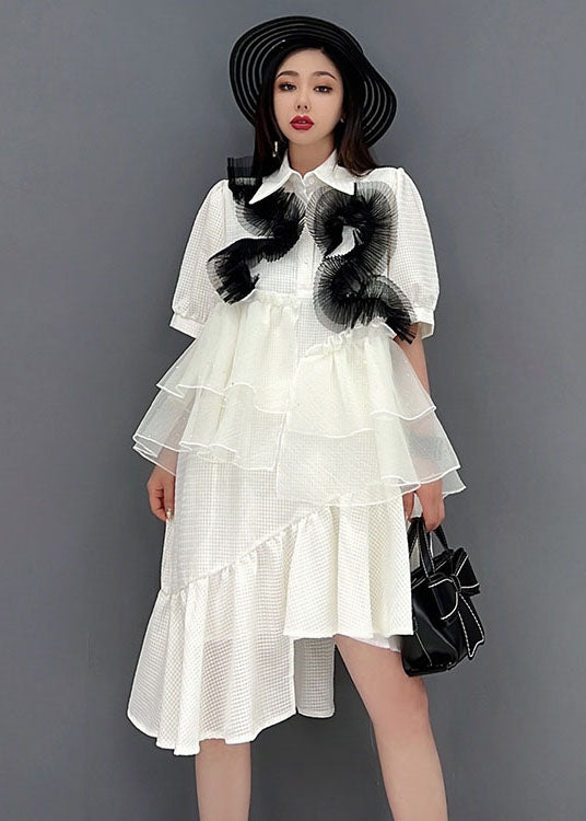 White Peter Pan Collar Asymmetrical Design Ruffles Patchwork Tulle Maxi Dresses Short Sleeve