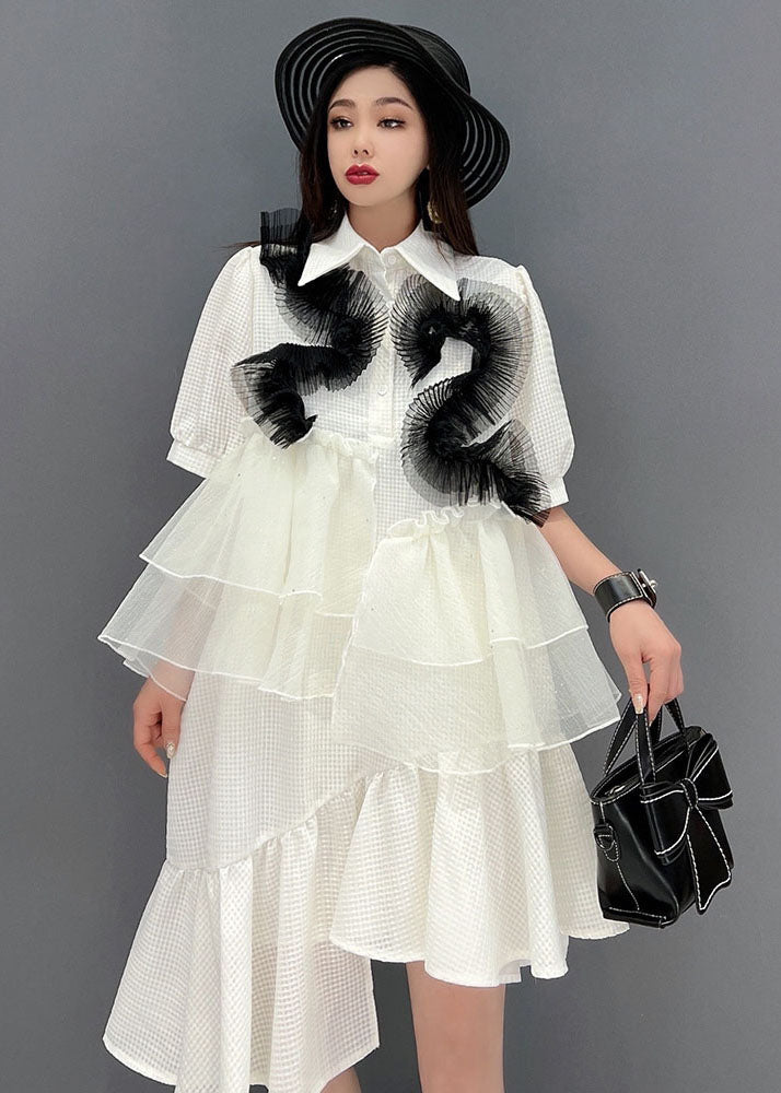 White Peter Pan Collar Asymmetrical Design Ruffles Patchwork Tulle Maxi Dresses Short Sleeve