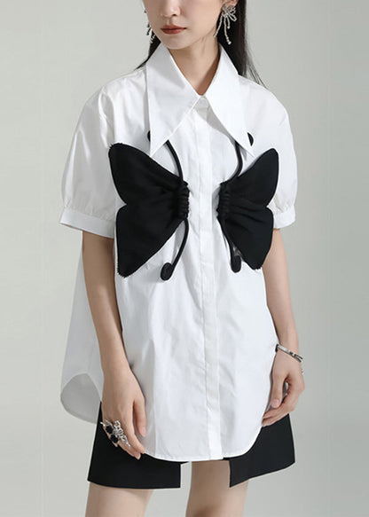 White Peter Pan Collar Butterfly Patchwork Cotton Shirts Top Summer